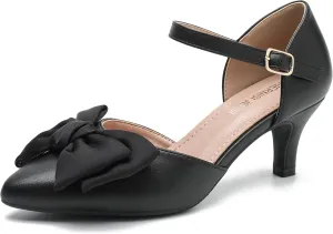 MAIERNISI JESSI Women's Bow Heels Closed Toe Kitten Heel Ankle Strap Dressy Wedding Pumps