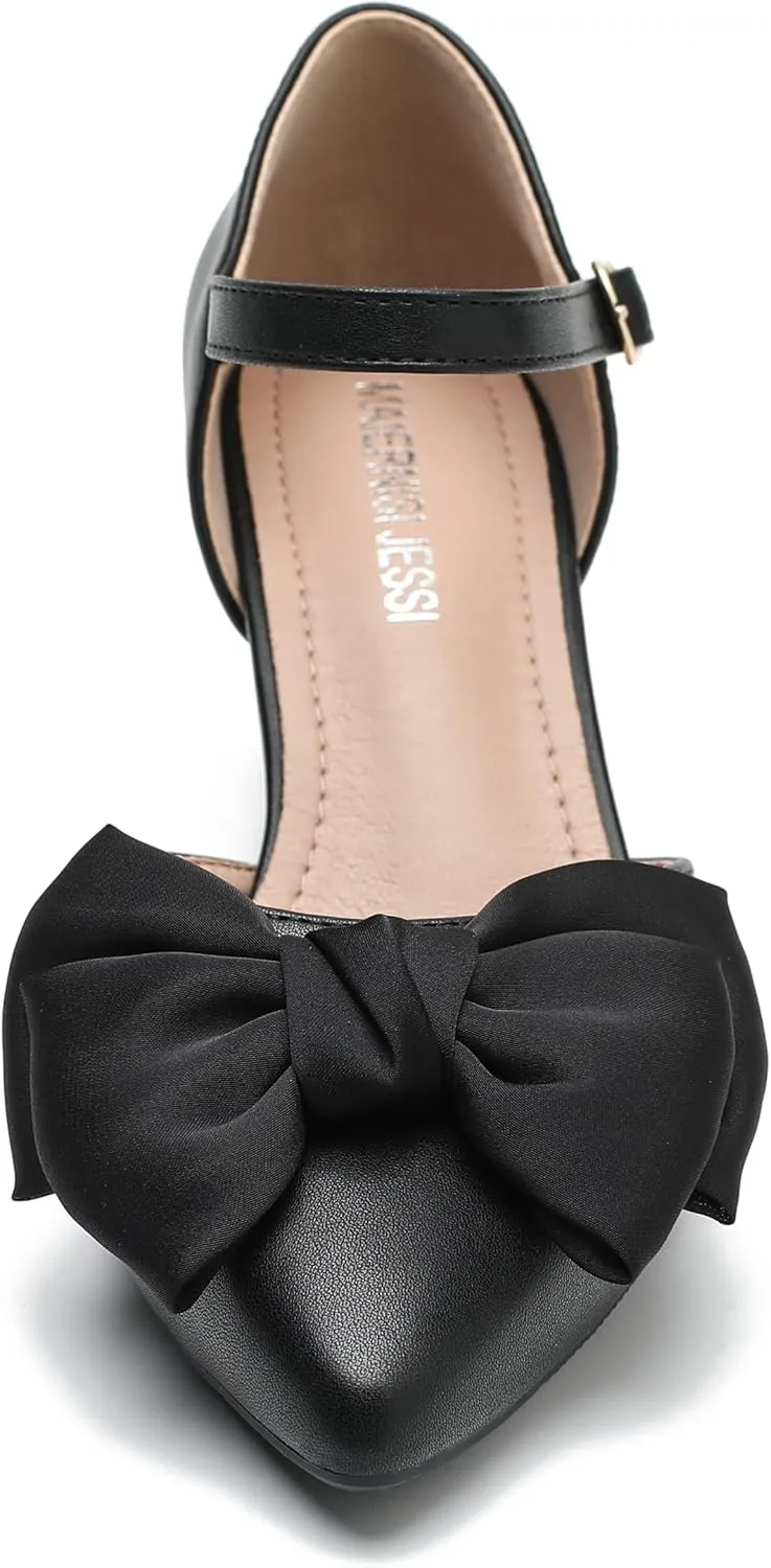 MAIERNISI JESSI Women's Bow Heels Closed Toe Kitten Heel Ankle Strap Dressy Wedding Pumps
