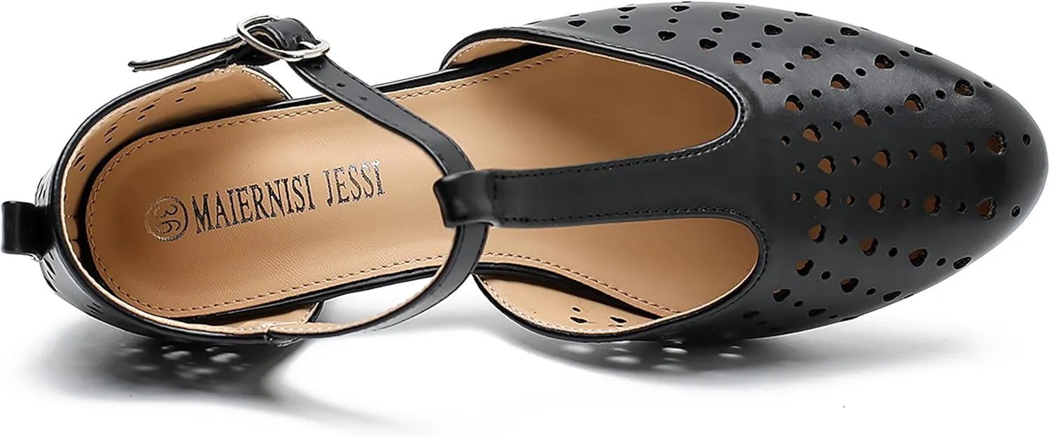 MAIERNISI JESSI Women's T-Strap Hollow Out Low Chunky Heel Mary Jane Closed Toe Pumps Summer Dress Shoes