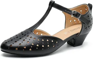 MAIERNISI JESSI Women's T-Strap Hollow Out Low Chunky Heel Mary Jane Closed Toe Pumps Summer Dress Shoes