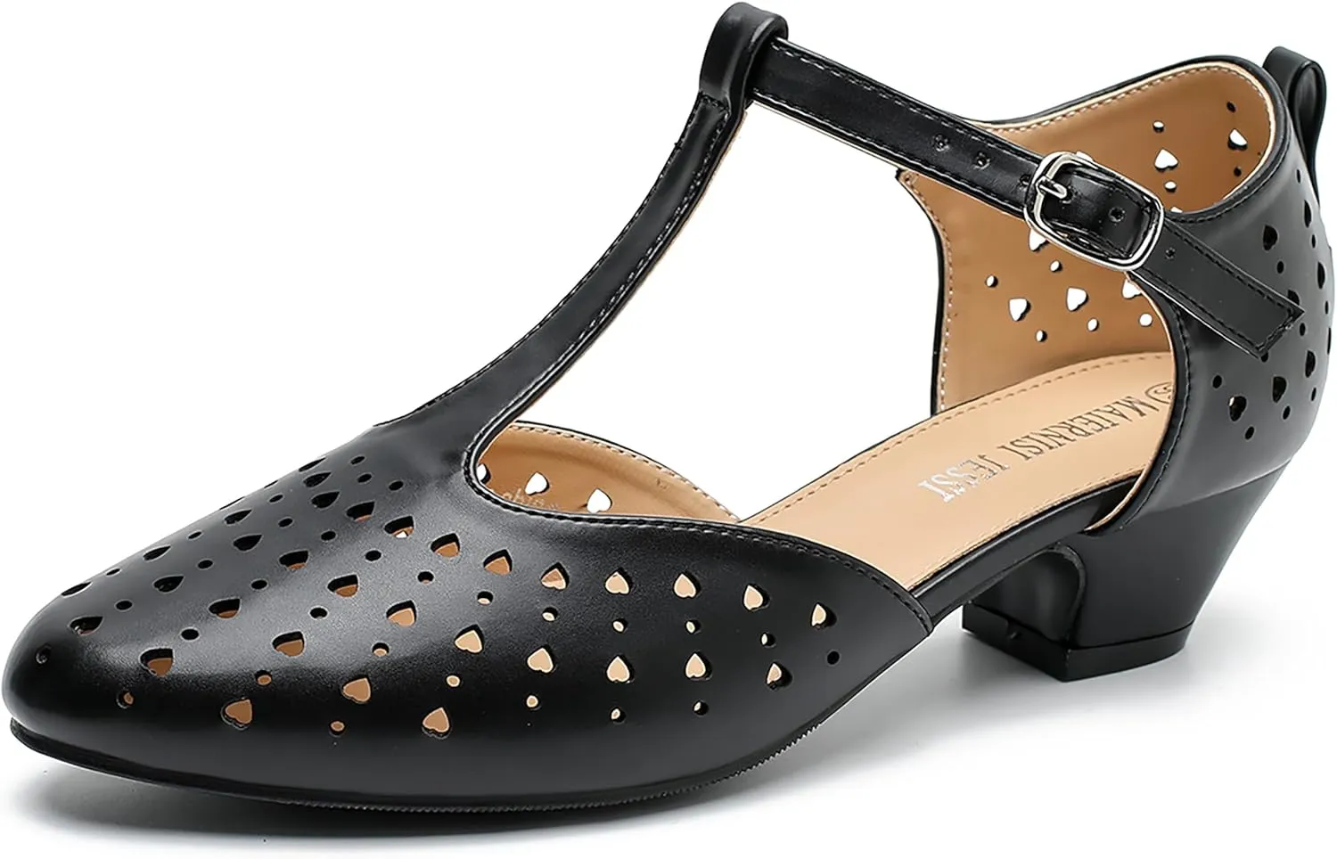 MAIERNISI JESSI Women's T-Strap Hollow Out Low Chunky Heel Mary Jane Closed Toe Pumps Summer Dress Shoes