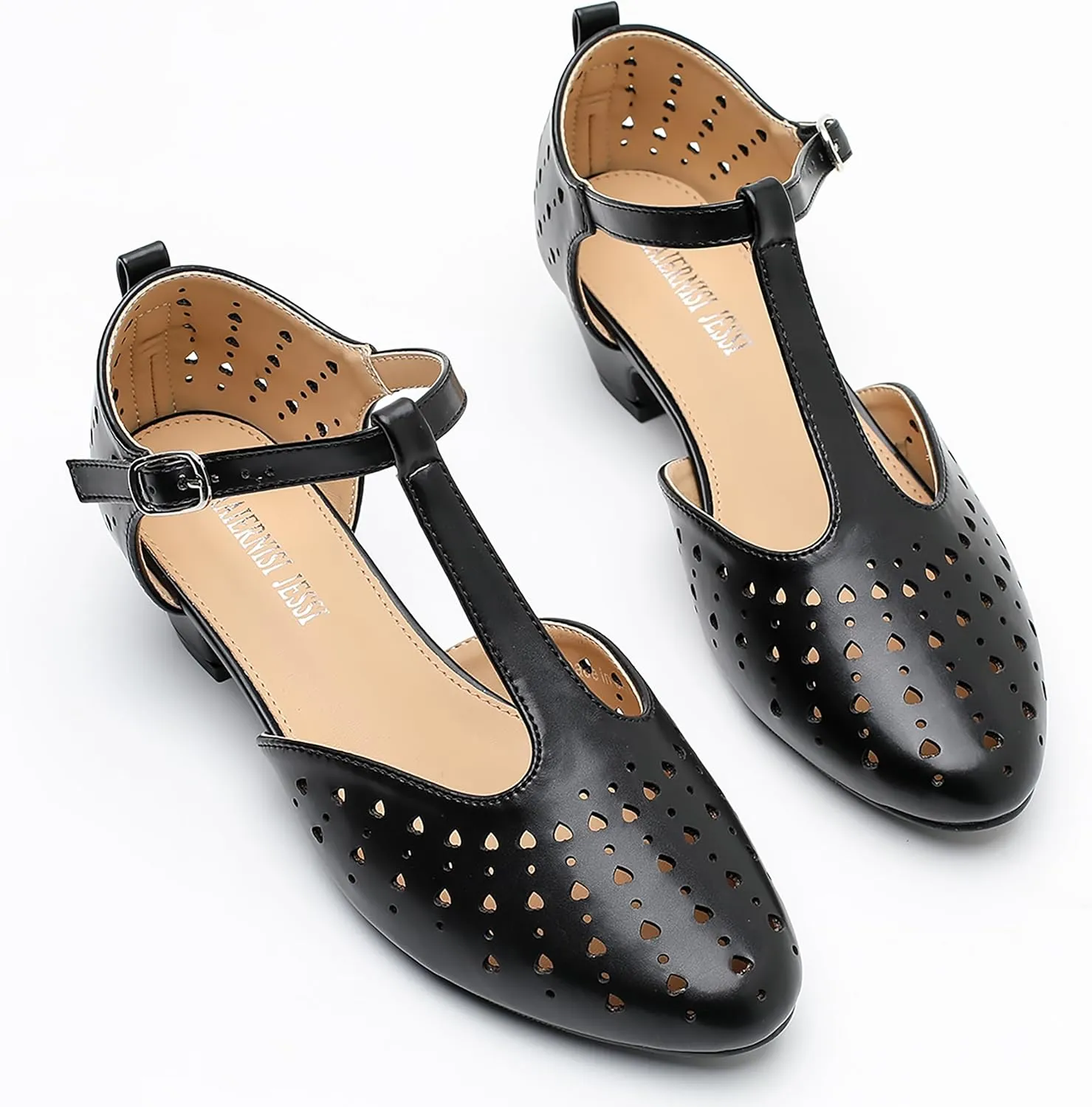 MAIERNISI JESSI Women's T-Strap Hollow Out Low Chunky Heel Mary Jane Closed Toe Pumps Summer Dress Shoes