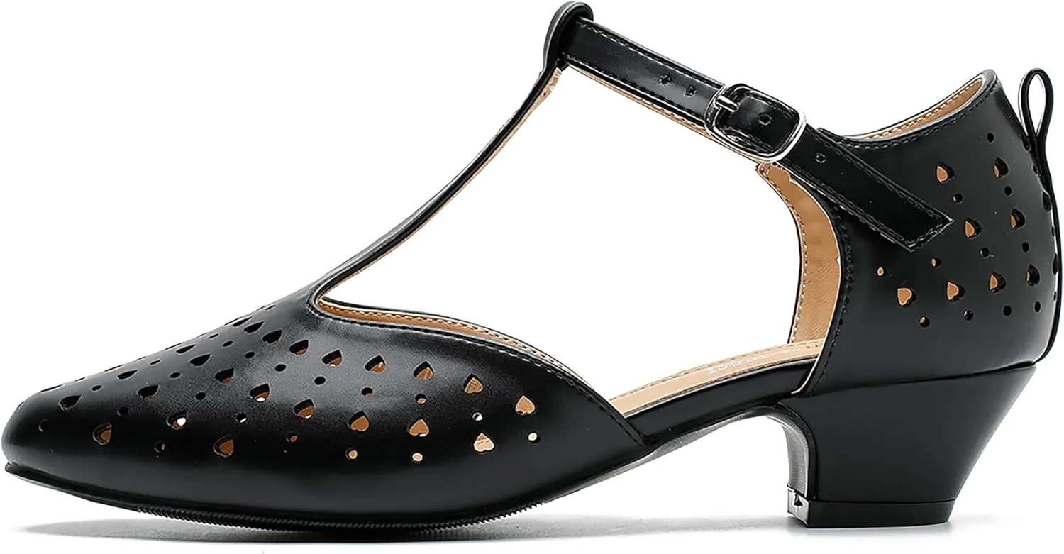 MAIERNISI JESSI Women's T-Strap Hollow Out Low Chunky Heel Mary Jane Closed Toe Pumps Summer Dress Shoes