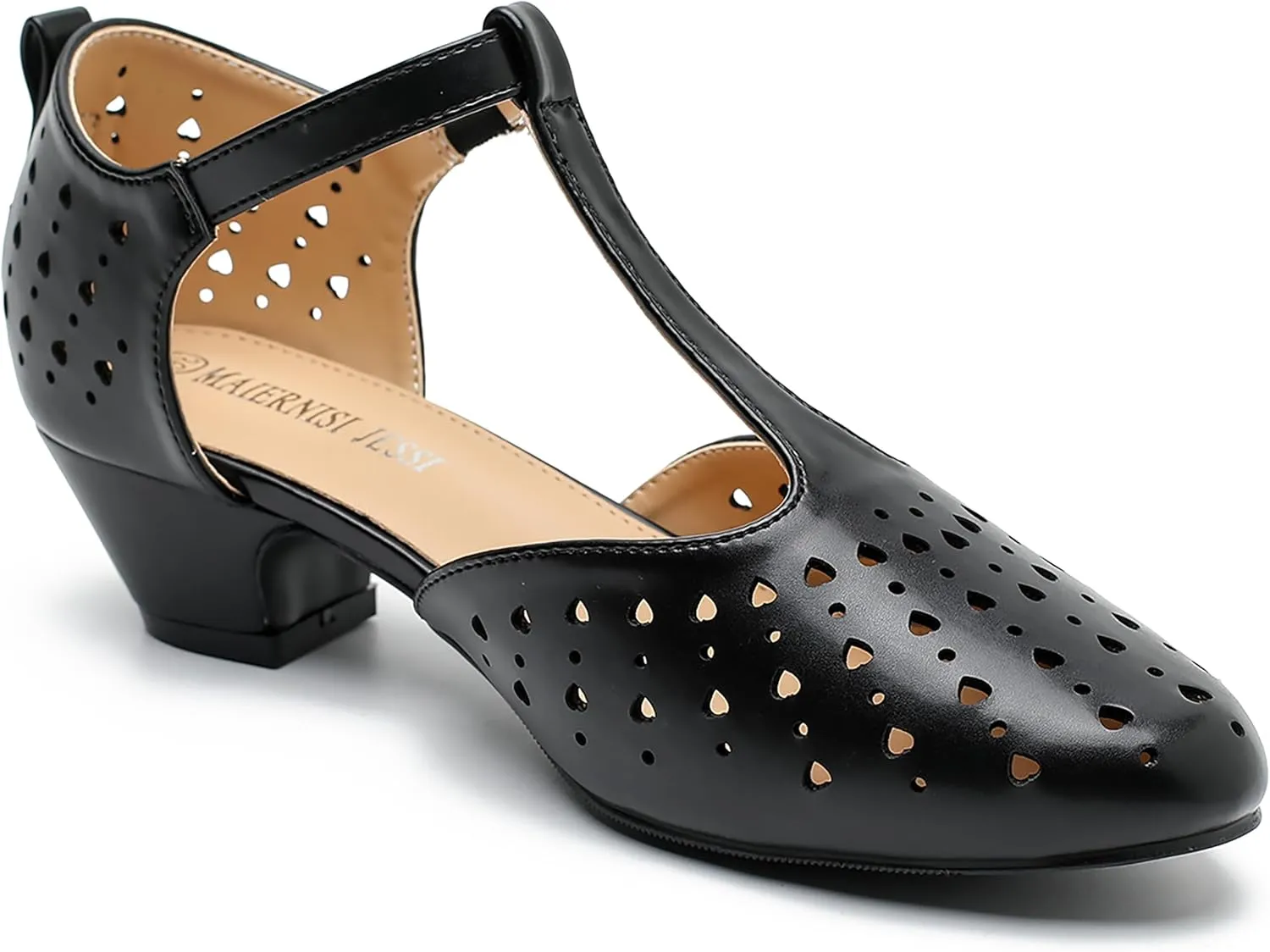 MAIERNISI JESSI Women's T-Strap Hollow Out Low Chunky Heel Mary Jane Closed Toe Pumps Summer Dress Shoes