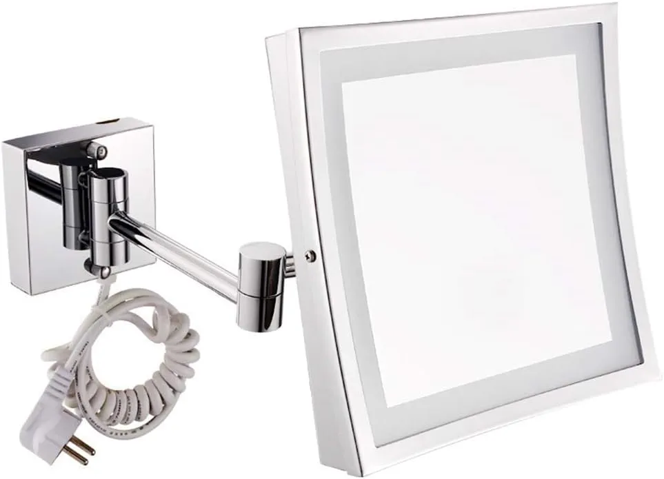 Makeup Mirror Bathroom Stainless Steel Foldable Telescopic 360 Degree Rotation 3X Magnifying Chrome Square HD Mirror(White Light)