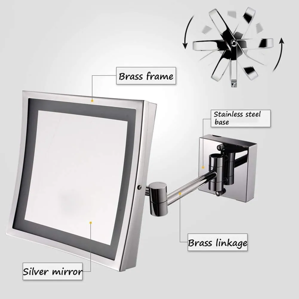 Makeup Mirror Bathroom Stainless Steel Foldable Telescopic 360 Degree Rotation 3X Magnifying Chrome Square HD Mirror(White Light)