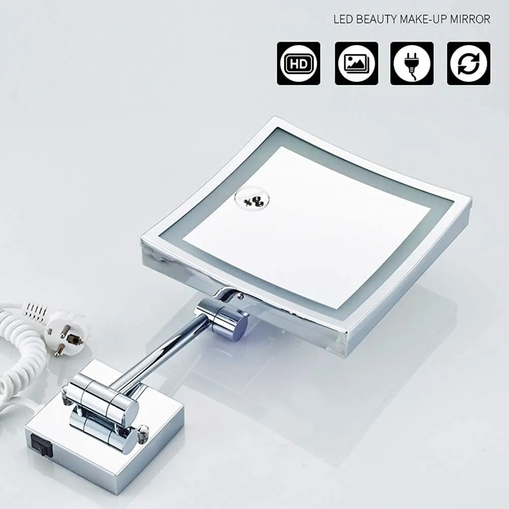 Makeup Mirror Bathroom Stainless Steel Foldable Telescopic 360 Degree Rotation 3X Magnifying Chrome Square HD Mirror(White Light)