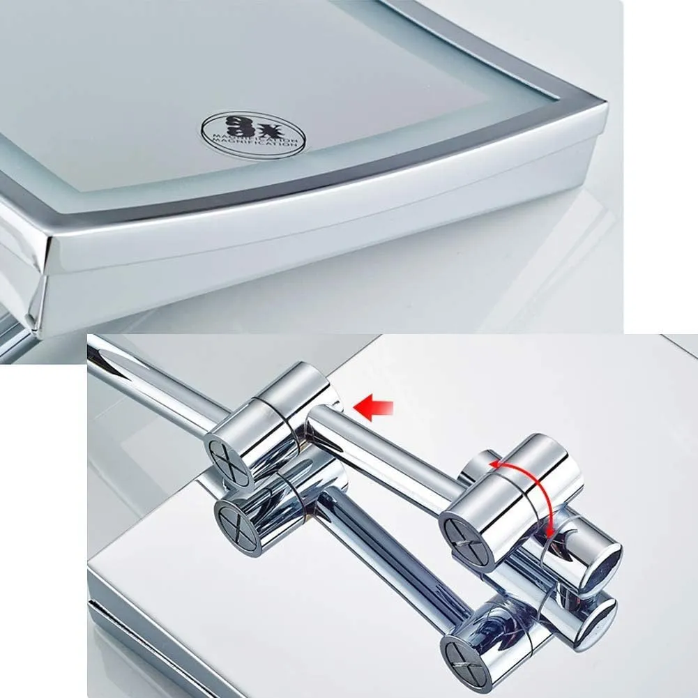 Makeup Mirror Bathroom Stainless Steel Foldable Telescopic 360 Degree Rotation 3X Magnifying Chrome Square HD Mirror(White Light)