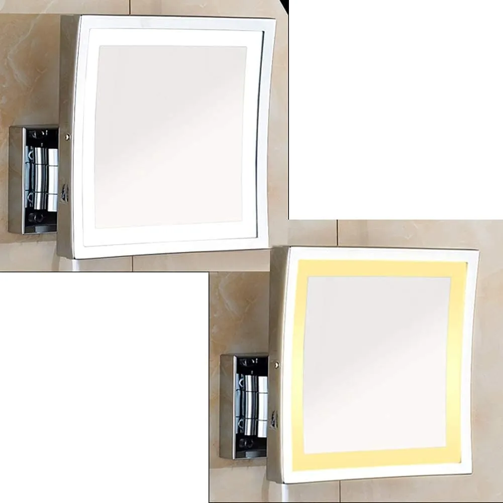Makeup Mirror Bathroom Stainless Steel Foldable Telescopic 360 Degree Rotation 3X Magnifying Chrome Square HD Mirror(White Light)