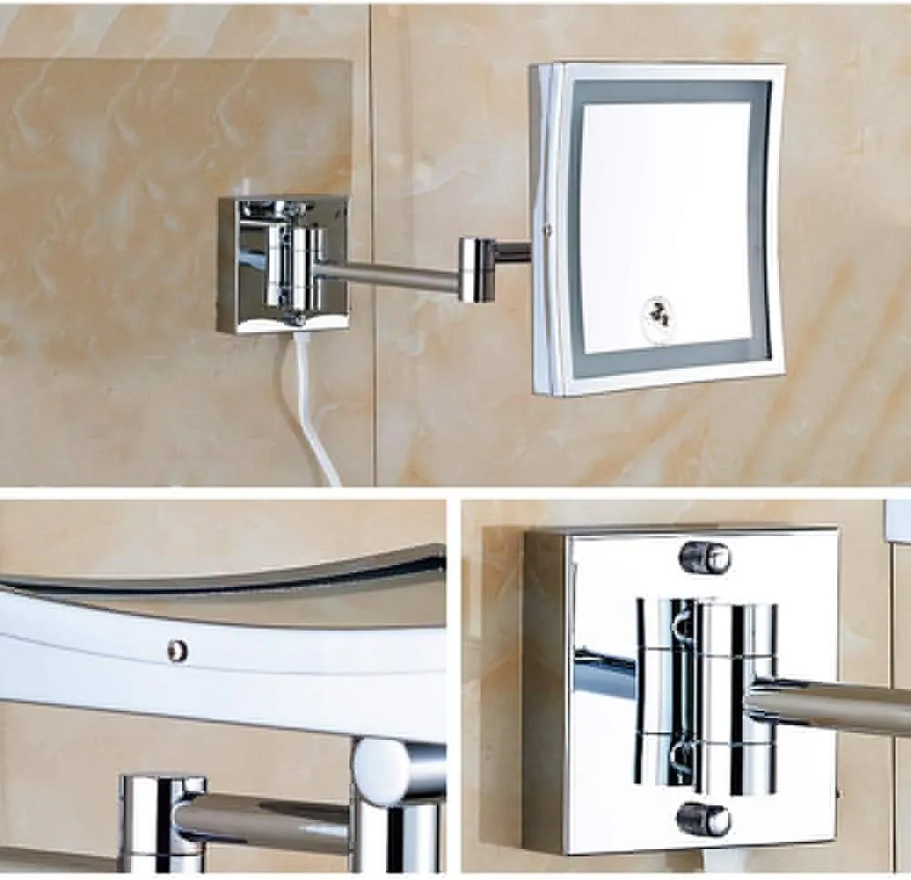 Makeup Mirror Bathroom Stainless Steel Foldable Telescopic 360 Degree Rotation 3X Magnifying Chrome Square HD Mirror(White Light)