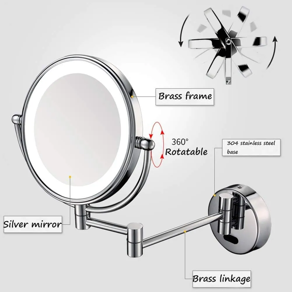 Makeup Mirror with Light Toilet Bathroom Folding Telescopic Rotatable Double Side Beauty Magnifying Metal Mirror(3X)