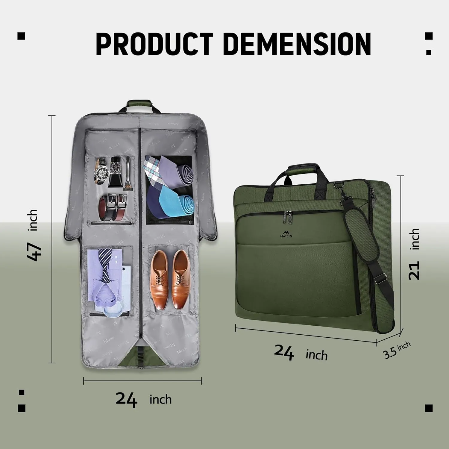 MATEIN Travel Garment Bag, Large Convertible Carry On Suit Bag with Adjustable Shoulder Strap, Waterproof 2 in 1 Hanging Luggage for Men Women, Foldable suitcase for Business Trips, Green