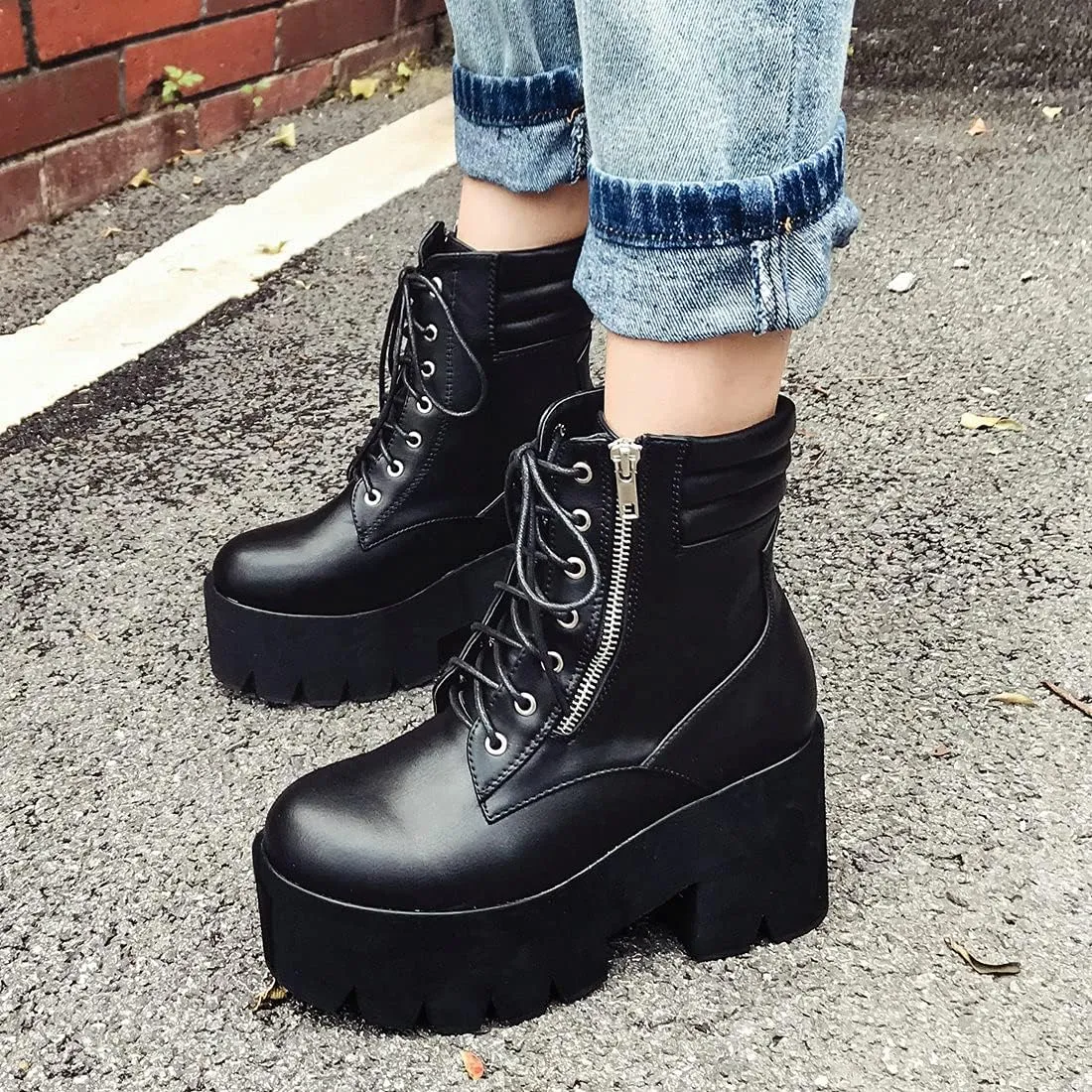 MAVMAX Women's Lace up Ankle Combat Boots Goth Platform Chunky High Heel Booties