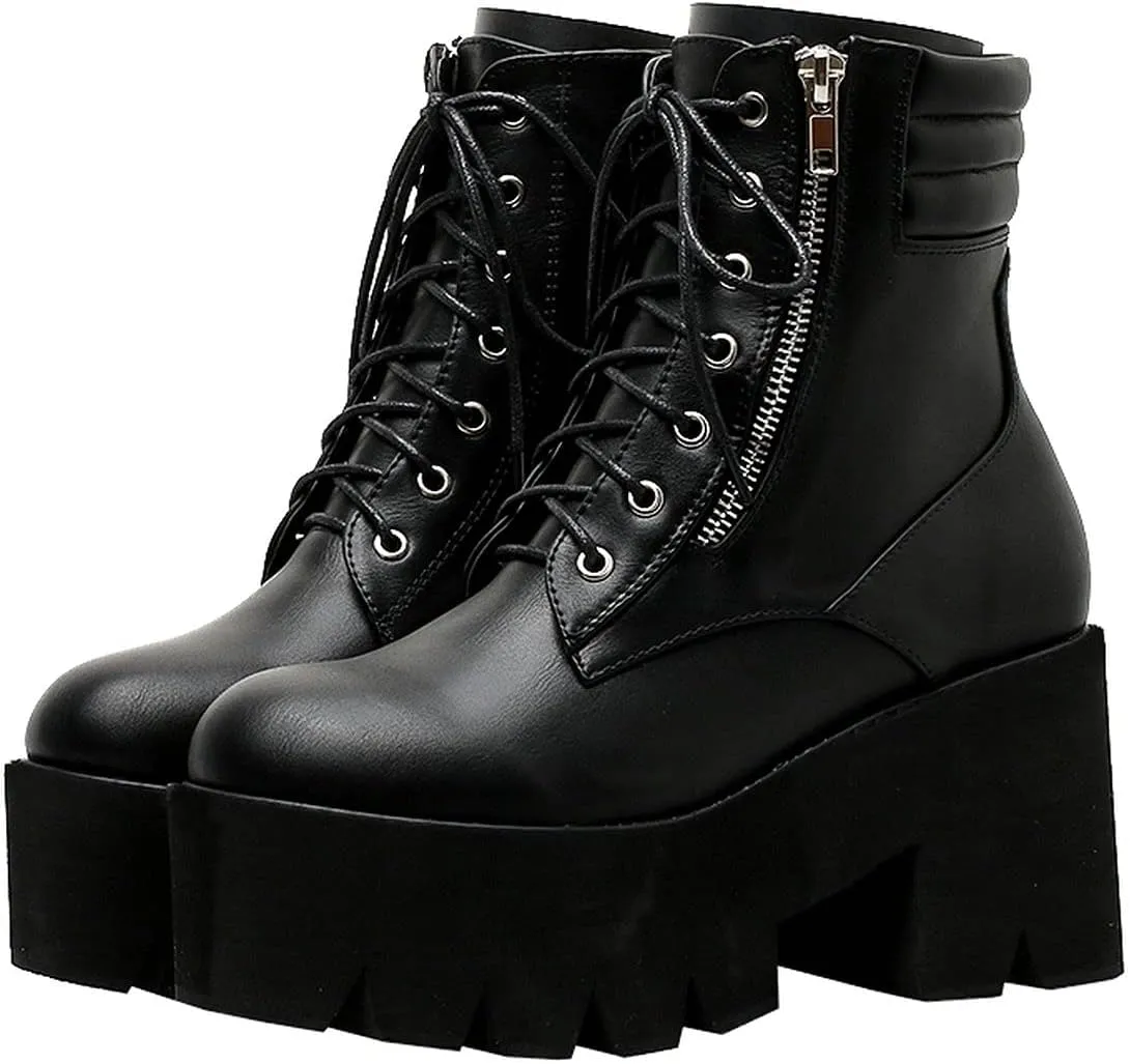 MAVMAX Women's Lace up Ankle Combat Boots Goth Platform Chunky High Heel Booties