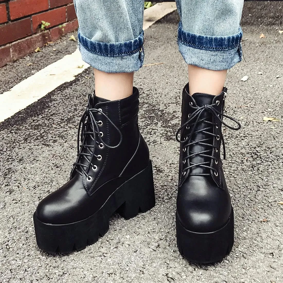 MAVMAX Women's Lace up Ankle Combat Boots Goth Platform Chunky High Heel Booties