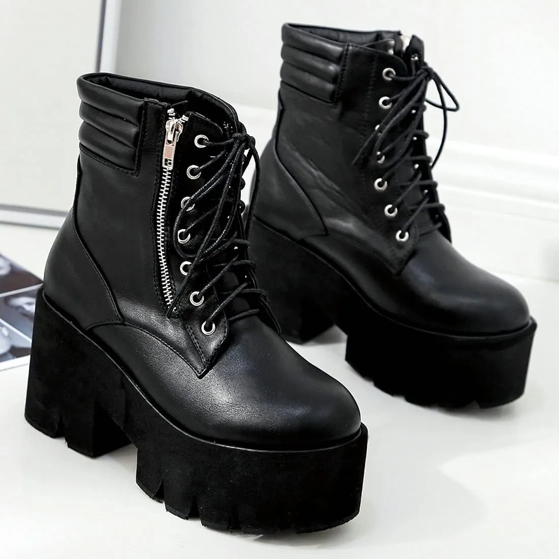 MAVMAX Women's Lace up Ankle Combat Boots Goth Platform Chunky High Heel Booties