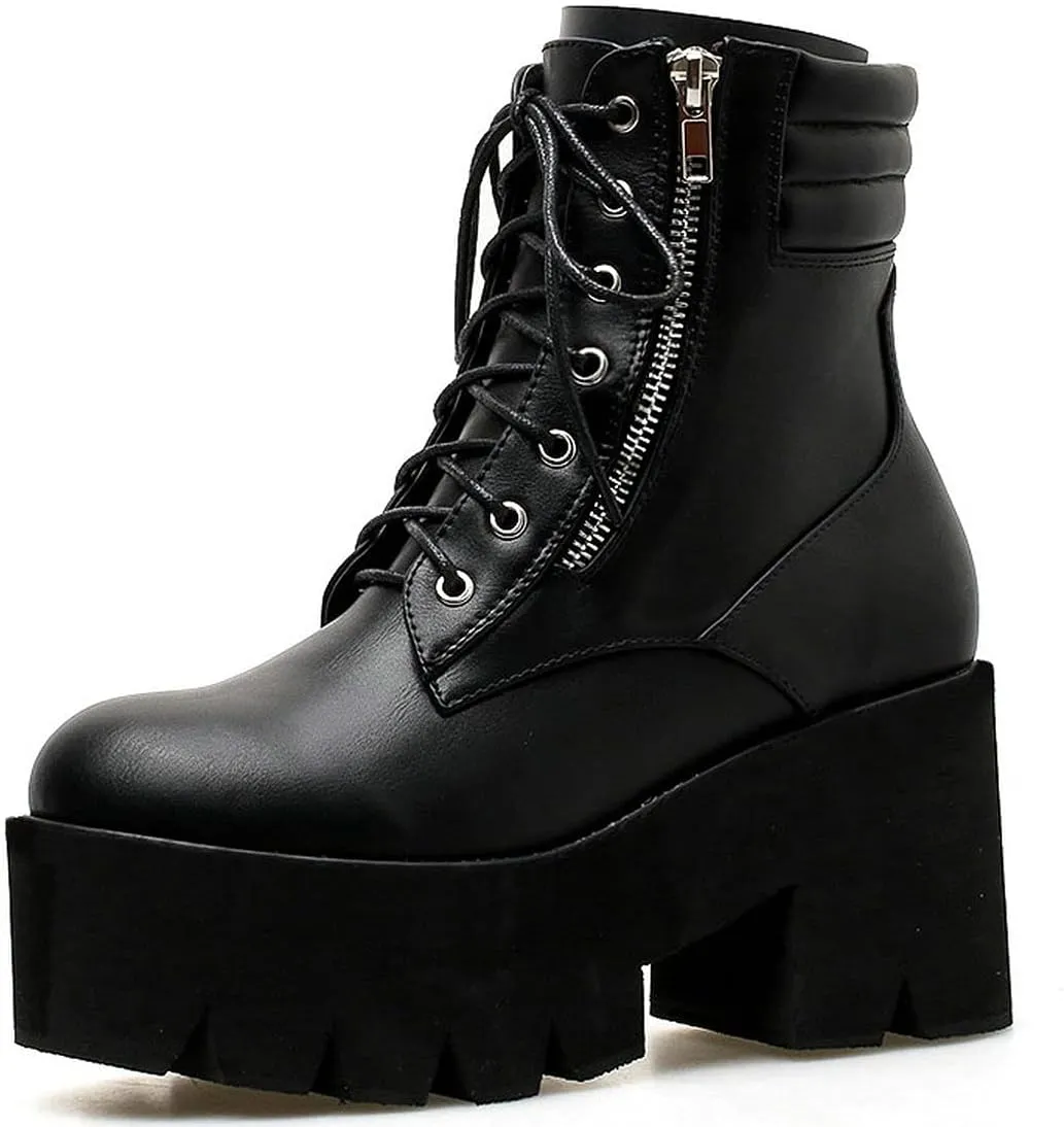MAVMAX Women's Lace up Ankle Combat Boots Goth Platform Chunky High Heel Booties