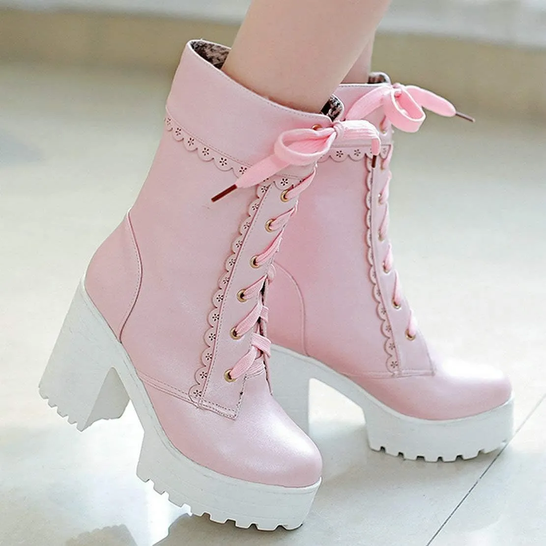 MAVMAX Women's Lolita High Heeled Ankle Boots Cosplay Lace up Sweet Lady Brogue Platform Booties Shoes
