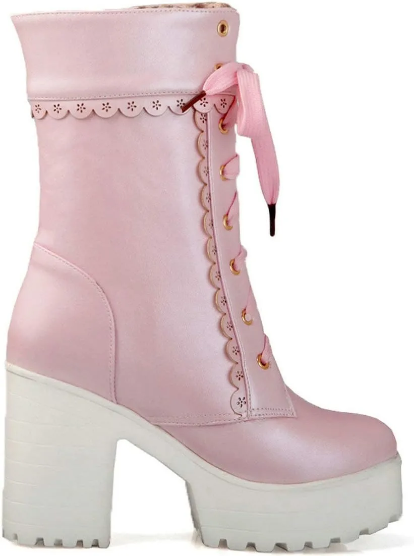 MAVMAX Women's Lolita High Heeled Ankle Boots Cosplay Lace up Sweet Lady Brogue Platform Booties Shoes