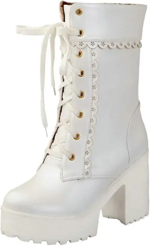 MAVMAX Women's Lolita High Heeled Ankle Boots Cosplay Lace up Sweet Lady Brogue Platform Booties Shoes