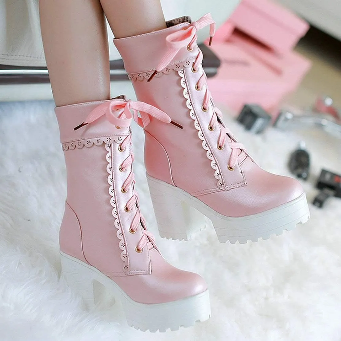 MAVMAX Women's Lolita High Heeled Ankle Boots Cosplay Lace up Sweet Lady Brogue Platform Booties Shoes