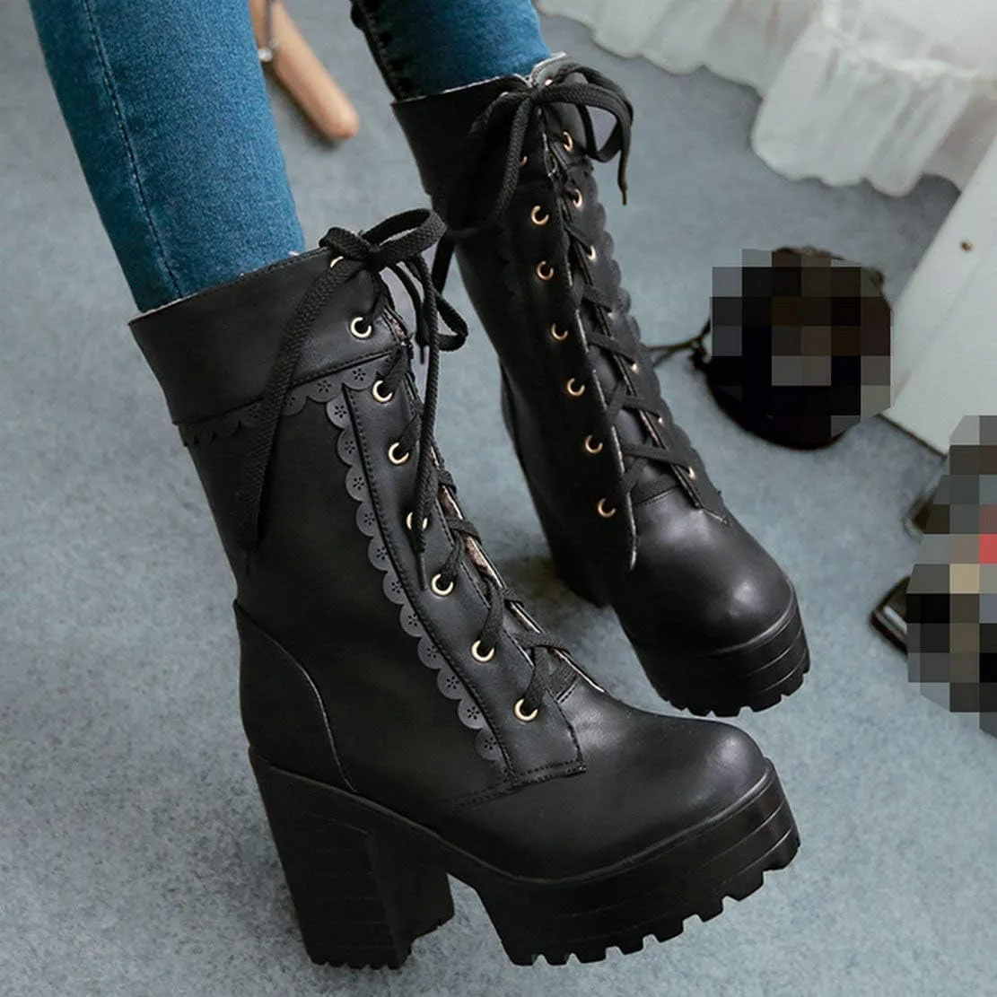 MAVMAX Women's Lolita High Heeled Ankle Boots Cosplay Lace up Sweet Lady Brogue Platform Booties Shoes