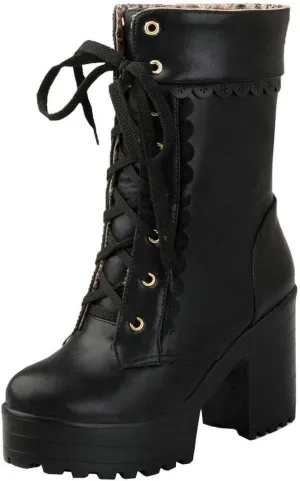 MAVMAX Women's Lolita High Heeled Ankle Boots Cosplay Lace up Sweet Lady Brogue Platform Booties Shoes
