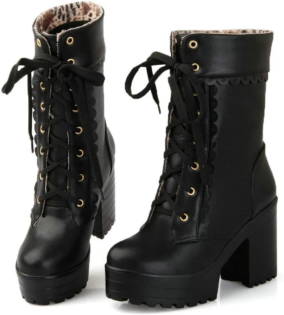 MAVMAX Women's Lolita High Heeled Ankle Boots Cosplay Lace up Sweet Lady Brogue Platform Booties Shoes
