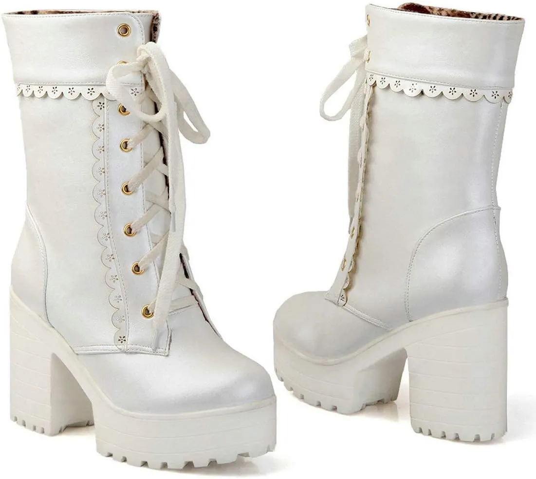 MAVMAX Women's Lolita High Heeled Ankle Boots Cosplay Lace up Sweet Lady Brogue Platform Booties Shoes
