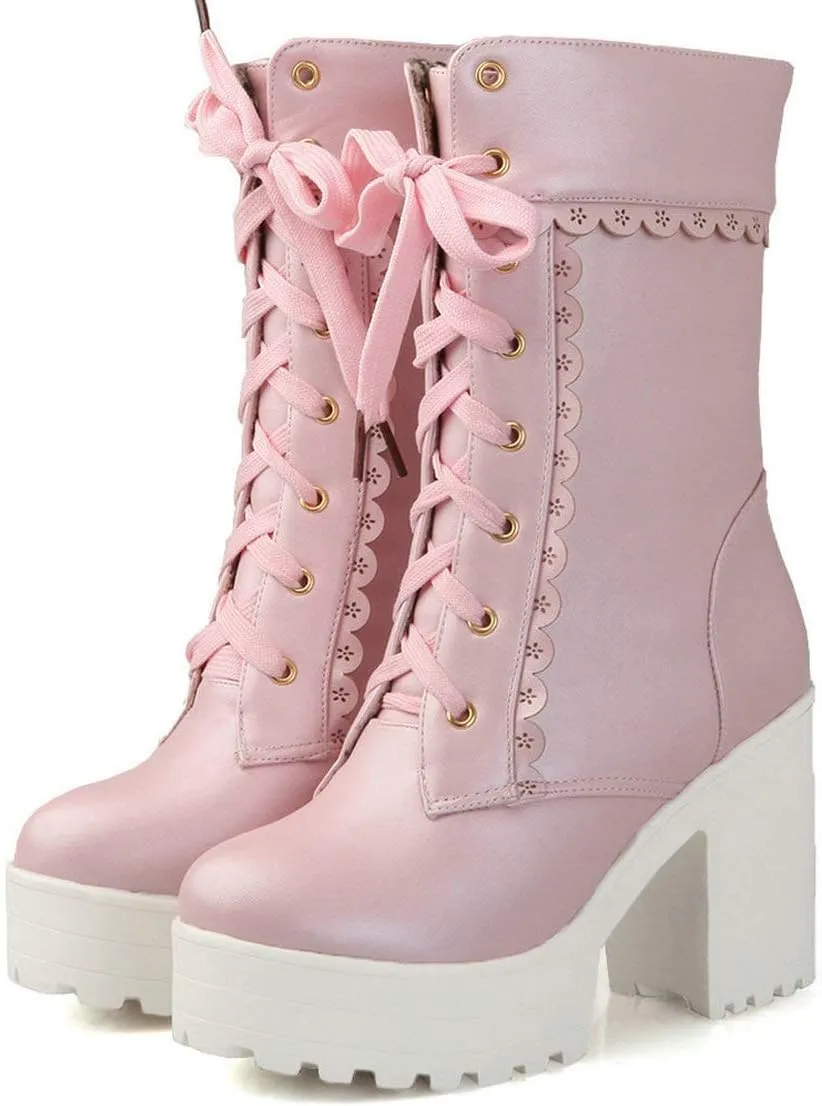 MAVMAX Women's Lolita High Heeled Ankle Boots Cosplay Lace up Sweet Lady Brogue Platform Booties Shoes