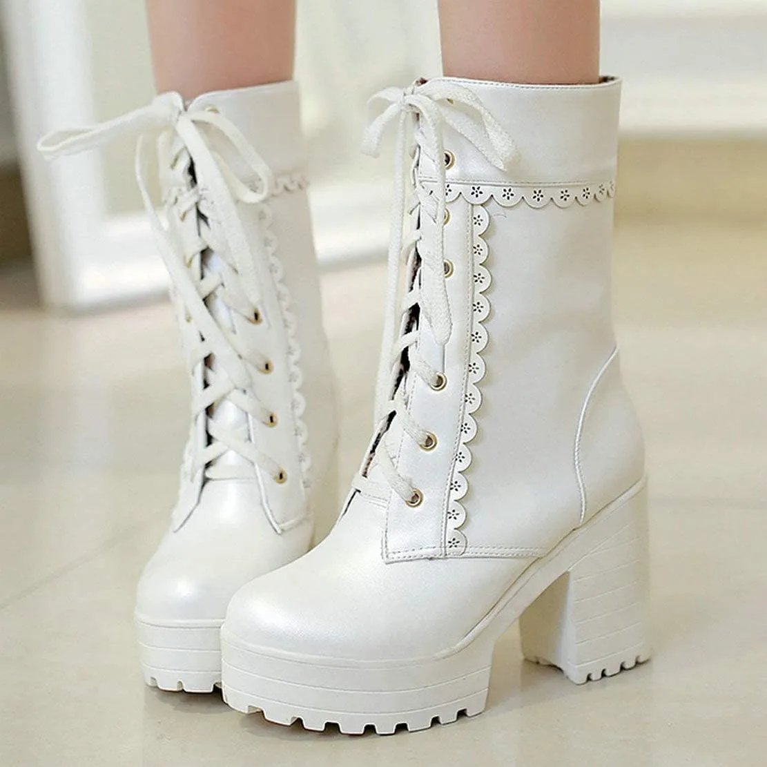 MAVMAX Women's Lolita High Heeled Ankle Boots Cosplay Lace up Sweet Lady Brogue Platform Booties Shoes