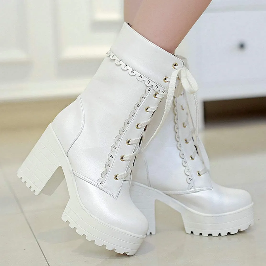 MAVMAX Women's Lolita High Heeled Ankle Boots Cosplay Lace up Sweet Lady Brogue Platform Booties Shoes