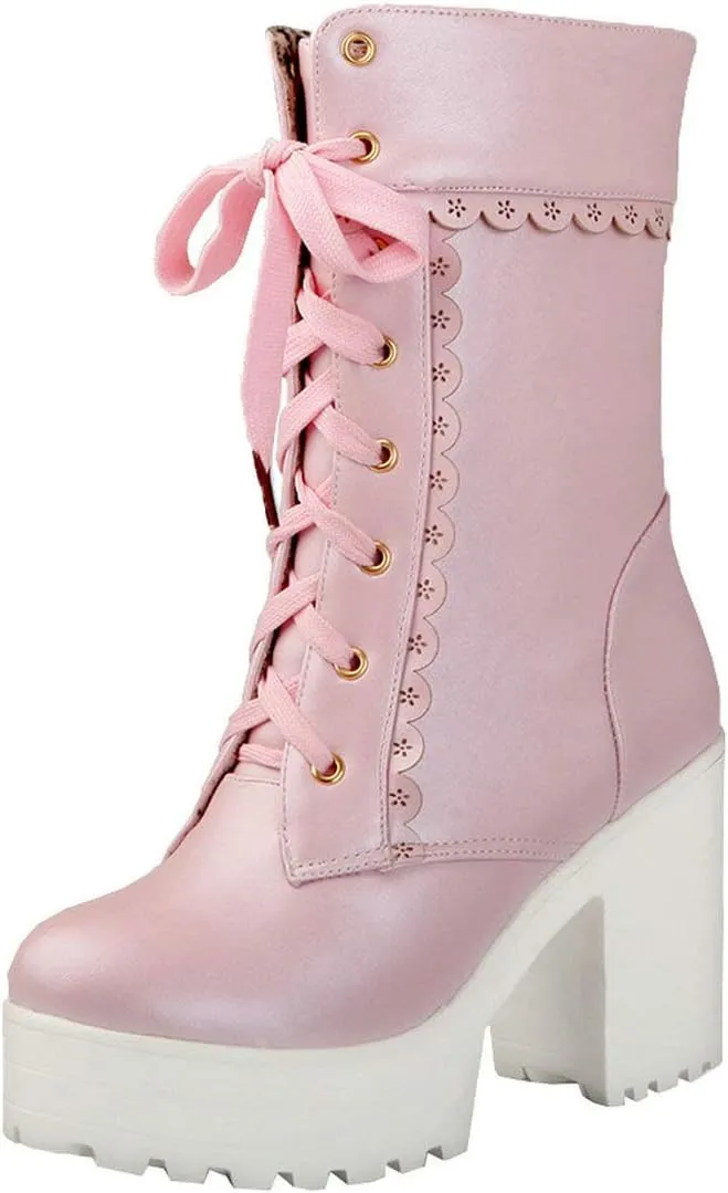 MAVMAX Women's Lolita High Heeled Ankle Boots Cosplay Lace up Sweet Lady Brogue Platform Booties Shoes