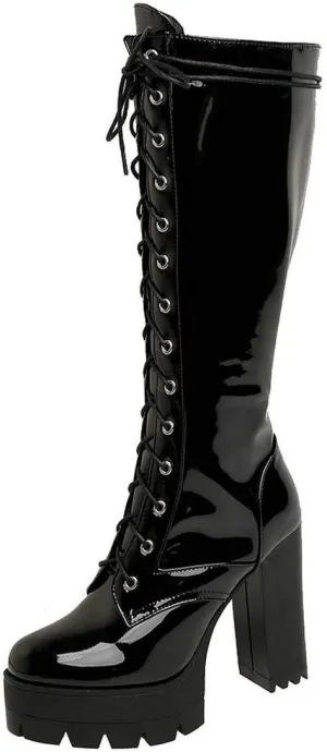 MAVMAX Women's Patent Leather Riding Boots Platform Chunky High Heels Lace up Knee High Combat Boots
