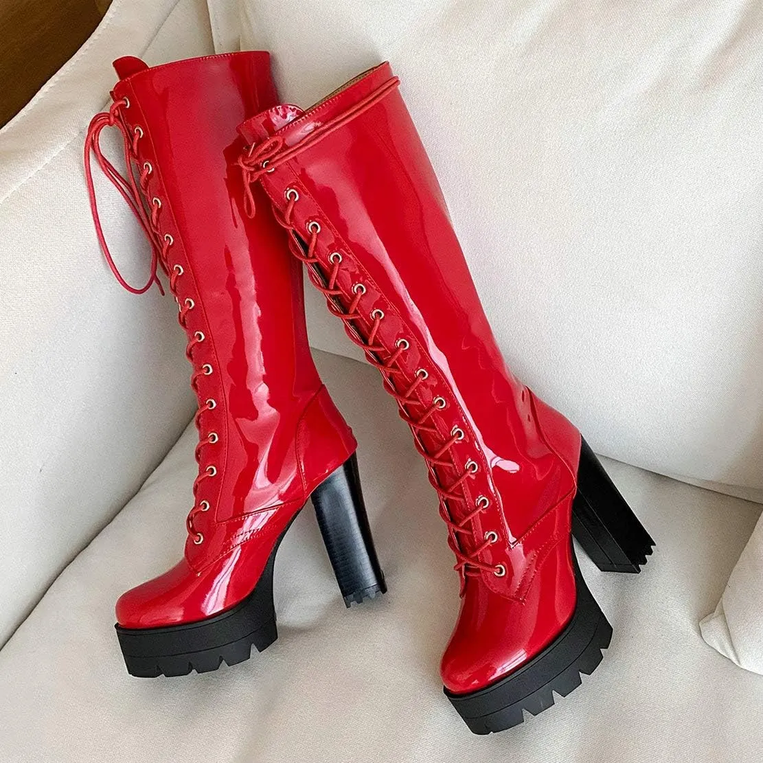 MAVMAX Women's Patent Leather Riding Boots Platform Chunky High Heels Lace up Knee High Combat Boots