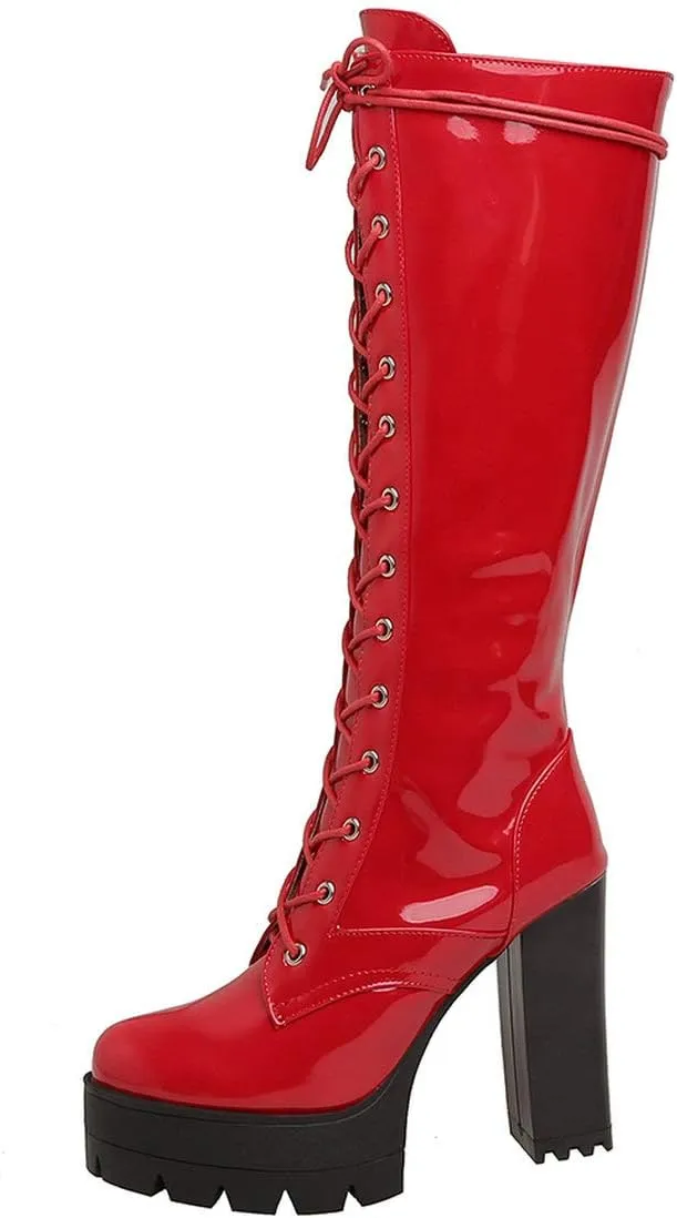 MAVMAX Women's Patent Leather Riding Boots Platform Chunky High Heels Lace up Knee High Combat Boots