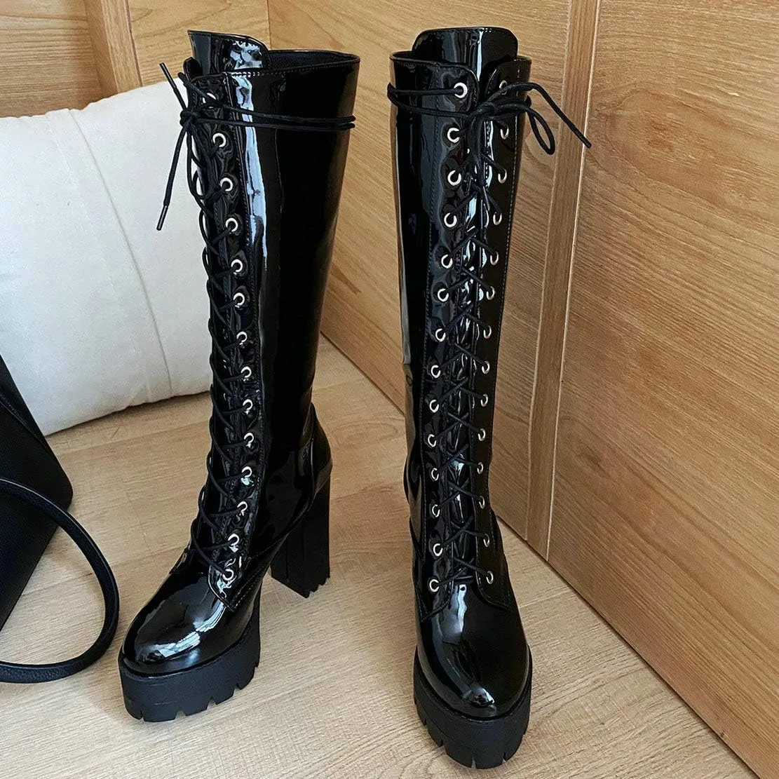 MAVMAX Women's Patent Leather Riding Boots Platform Chunky High Heels Lace up Knee High Combat Boots