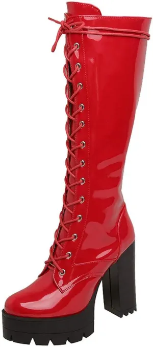 MAVMAX Women's Patent Leather Riding Boots Platform Chunky High Heels Lace up Knee High Combat Boots