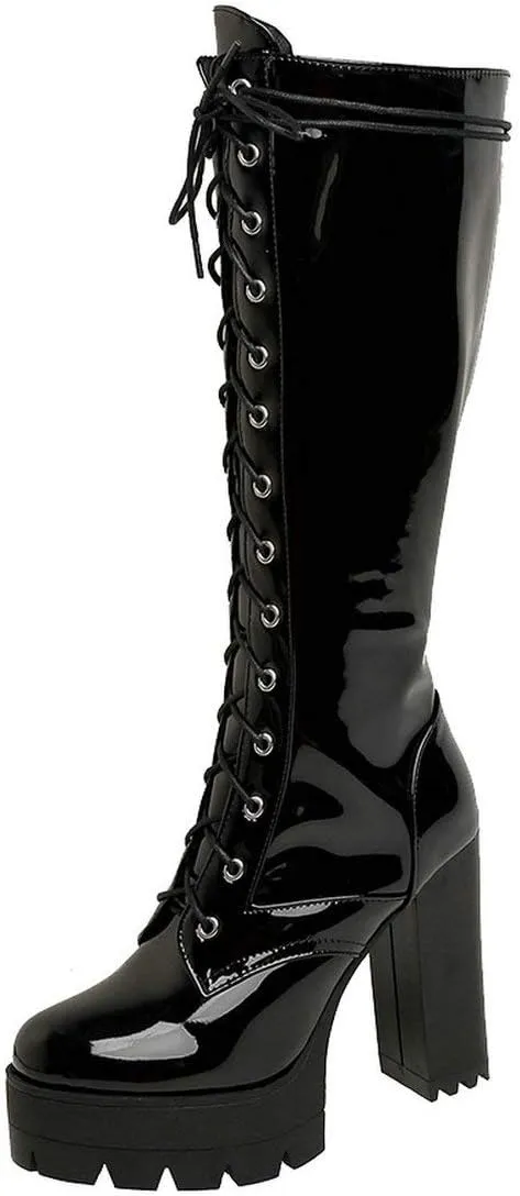 MAVMAX Women's Patent Leather Riding Boots Platform Chunky High Heels Lace up Knee High Combat Boots