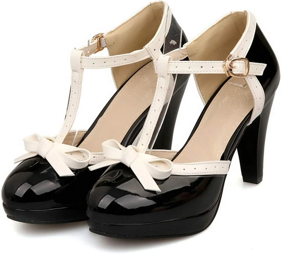 MAVMAX Women's Rockabilly T-Strap Mary Jane Block High Heel Platform Pumps