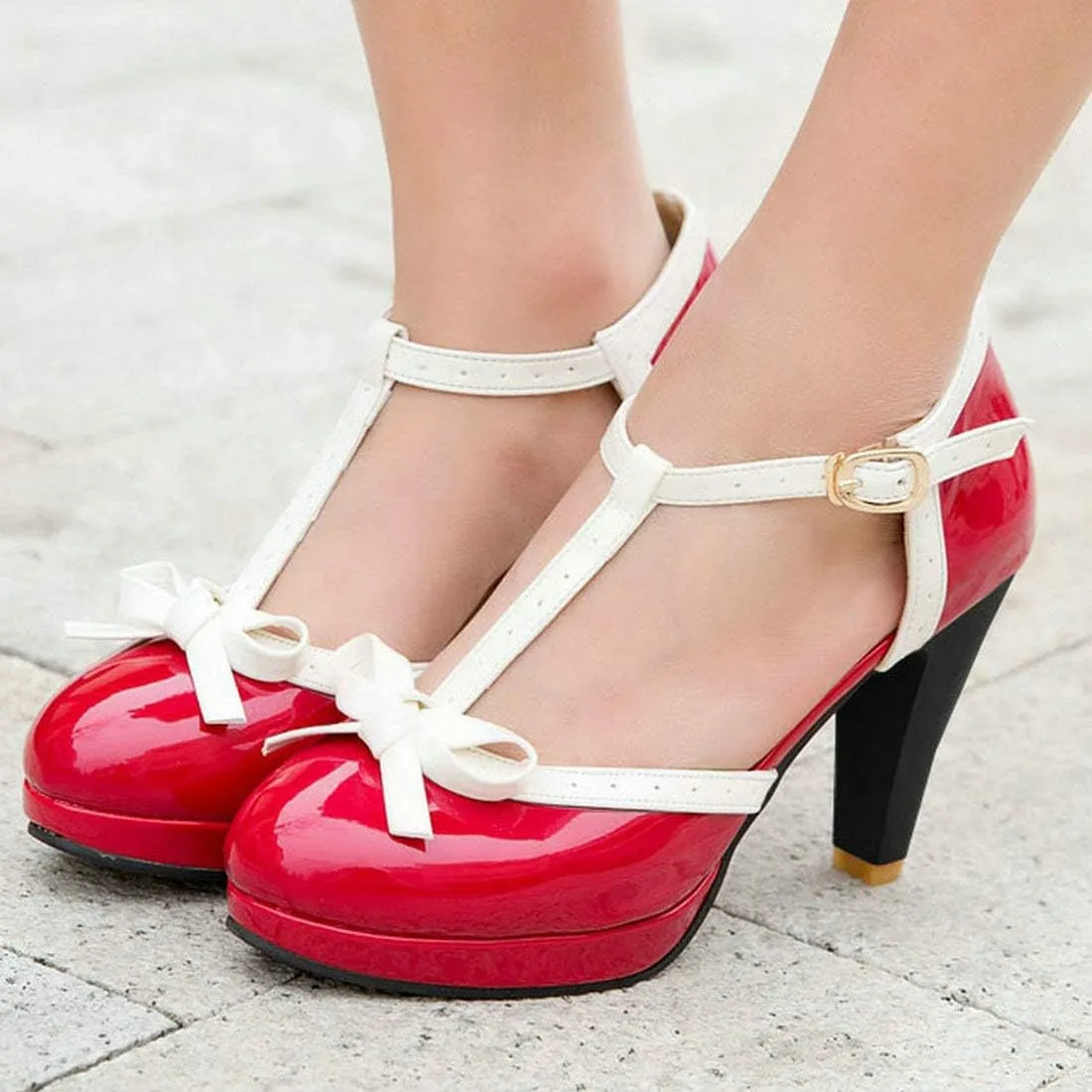 MAVMAX Women's Rockabilly T-Strap Mary Jane Block High Heel Platform Pumps
