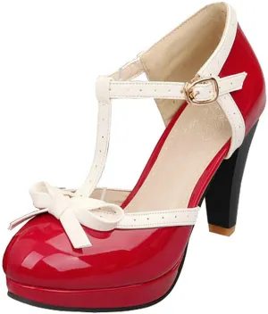 MAVMAX Women's Rockabilly T-Strap Mary Jane Block High Heel Platform Pumps
