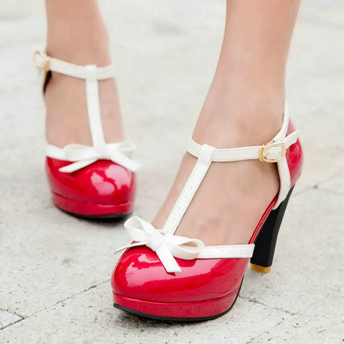 MAVMAX Women's Rockabilly T-Strap Mary Jane Block High Heel Platform Pumps