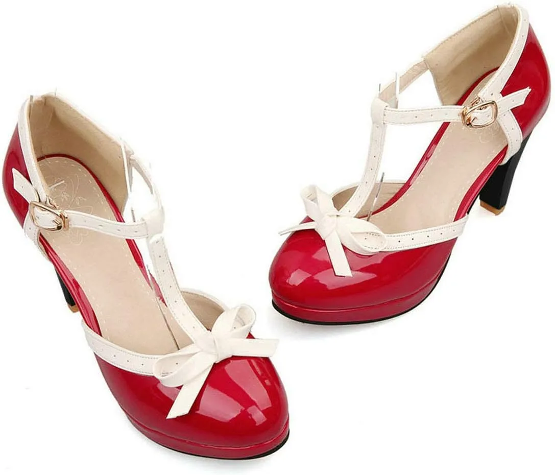 MAVMAX Women's Rockabilly T-Strap Mary Jane Block High Heel Platform Pumps