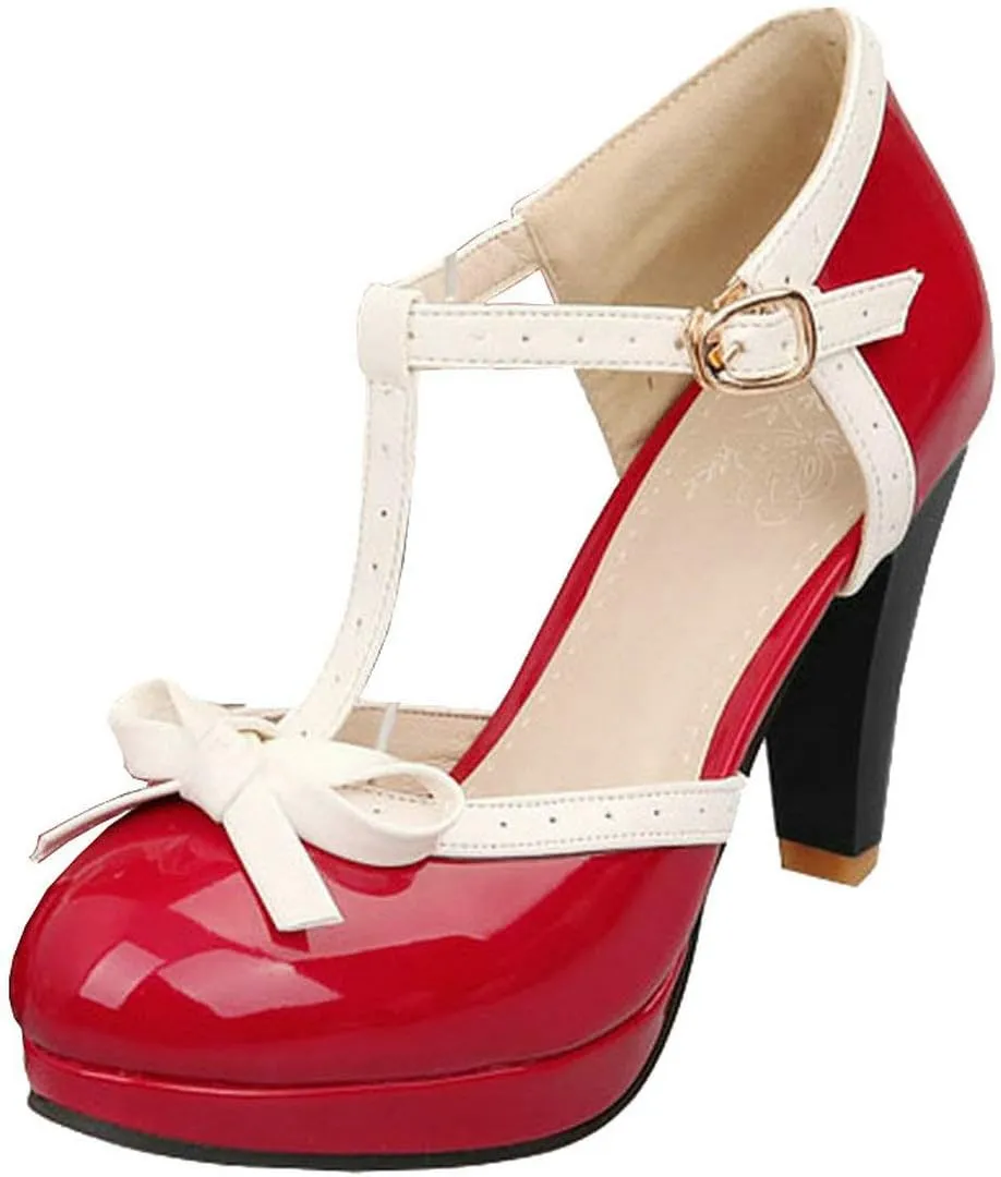 MAVMAX Women's Rockabilly T-Strap Mary Jane Block High Heel Platform Pumps