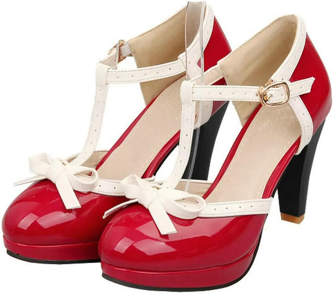MAVMAX Women's Rockabilly T-Strap Mary Jane Block High Heel Platform Pumps