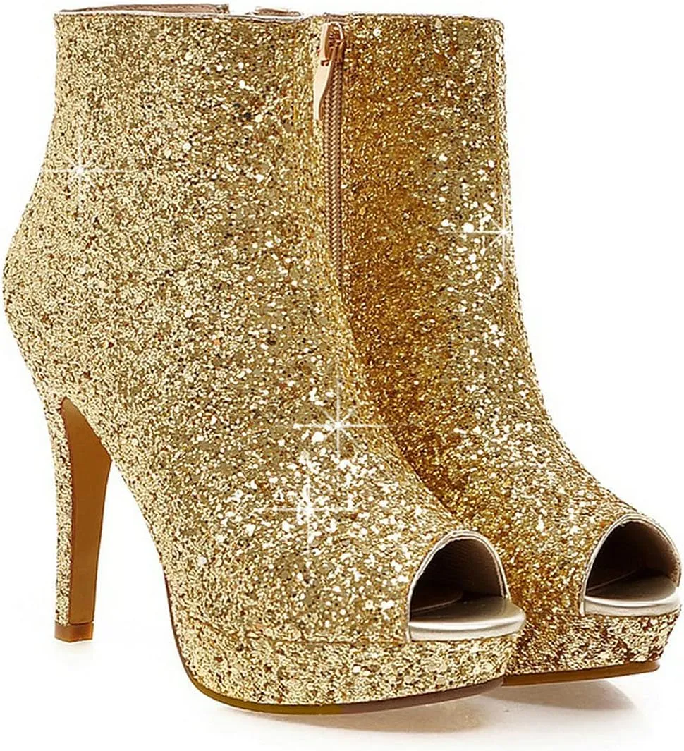 MAVMAX Women's Sequin Glitter Ankle Boots Peep Toe Platform High Heel Stilettos Sparkly Wedding Booties…