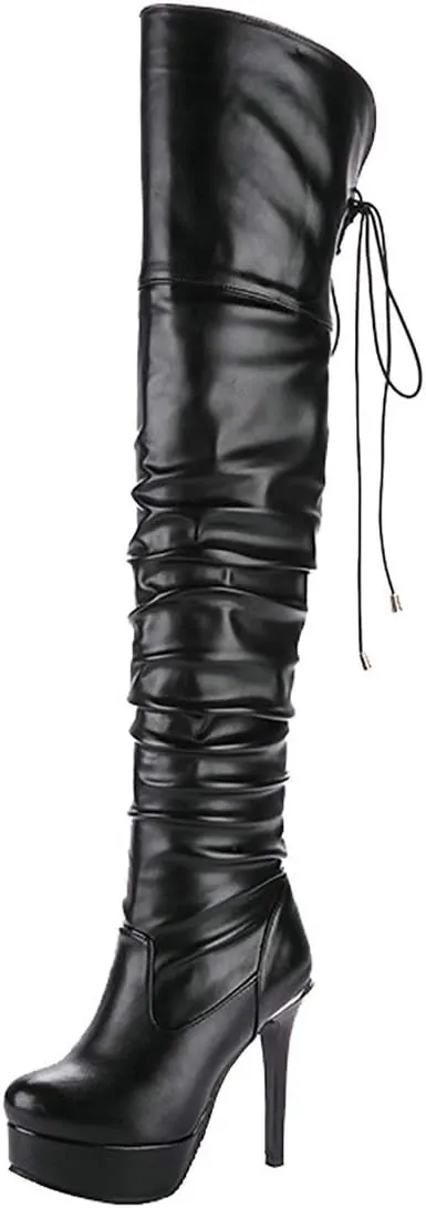 MAVMAX Women's Wide Calf Thigh High Slouchy Stiletto High Heel Platform Boots…