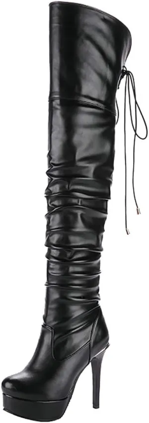 MAVMAX Women's Wide Calf Thigh High Slouchy Stiletto High Heel Platform Boots…