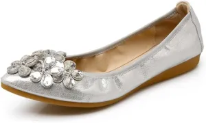 Meeshine Womens Foldable Soft Pointed Toe Ballet Flats Rhinestone Comfort Slip on Flat Shoes